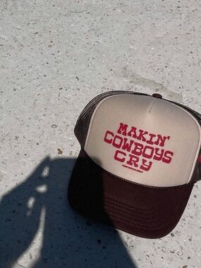 Cream & Brown Trucker Hat with Red Script